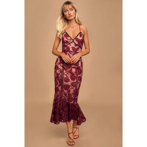 Lulus Alluring Dream Burgundy Floral Mesh Lace Trumpet Midi Dress Red - Size M